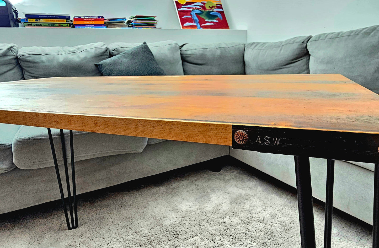 ASW Birch Wood Coffee Table with Hairpin Legs, Rectangular Center Table, Living Room, Home Office, Furniture, Natural Dark Honey with Black Nods