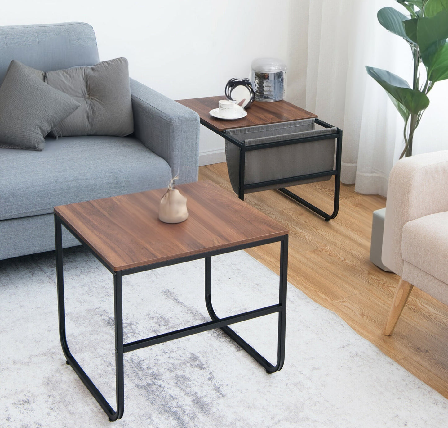 ASW Nesting Side / End Coffee Table Set of 2 Industrial Stackable Side Table Nesting End Tables, Rectangular Shaped Snack Side Table, Rustic Dark Honey Brown Natural Wood
