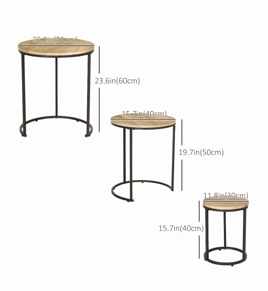 ASW Nesting Side / End Tables Set of 3, Round Shaped, Snack Side Table with Steel Frame for Sofa Couch and Bed, Rustic Light Brown Round Coffee Table, Stacking Side Tables