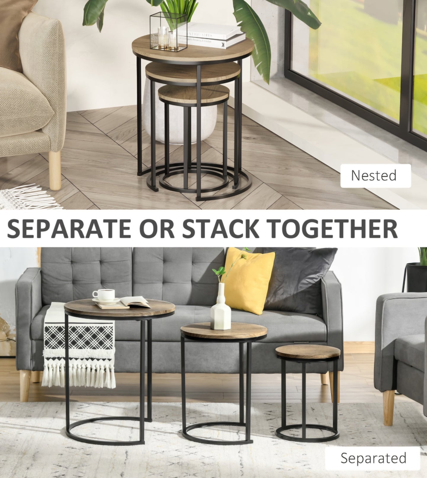 ASW Nesting Side / End Tables Set of 3, Round Shaped, Snack Side Table with Steel Frame for Sofa Couch and Bed, Rustic Light Brown Round Coffee Table, Stacking Side Tables