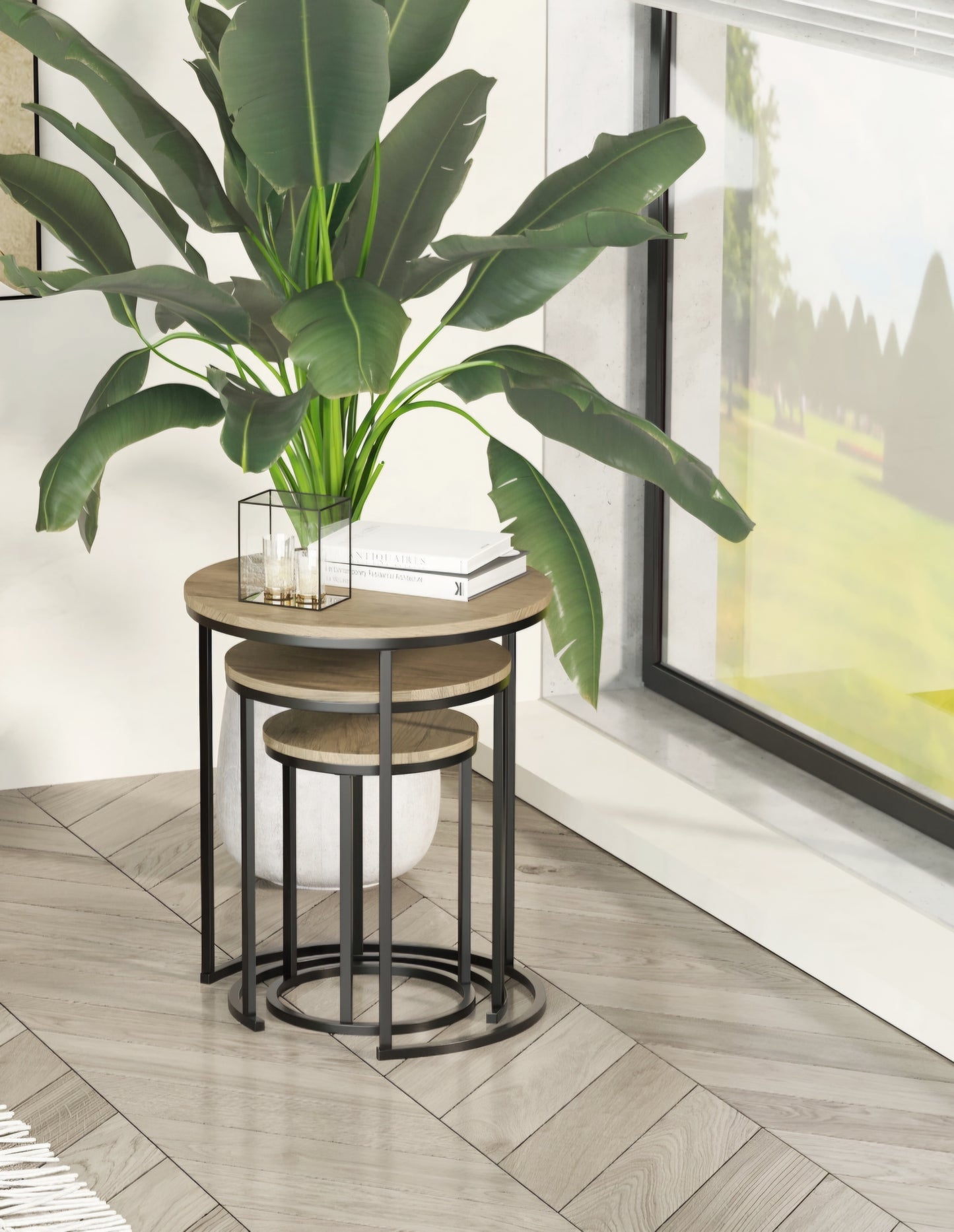 ASW Nesting Side / End Tables Set of 3, Round Shaped, Snack Side Table with Steel Frame for Sofa Couch and Bed, Rustic Light Brown Round Coffee Table, Stacking Side Tables