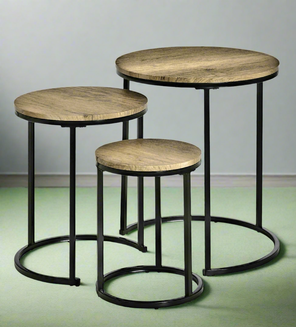 ASW Nesting Side / End Tables Set of 3, Round Shaped, Snack Side Table with Steel Frame for Sofa Couch and Bed, Rustic Light Brown Round Coffee Table, Stacking Side Tables