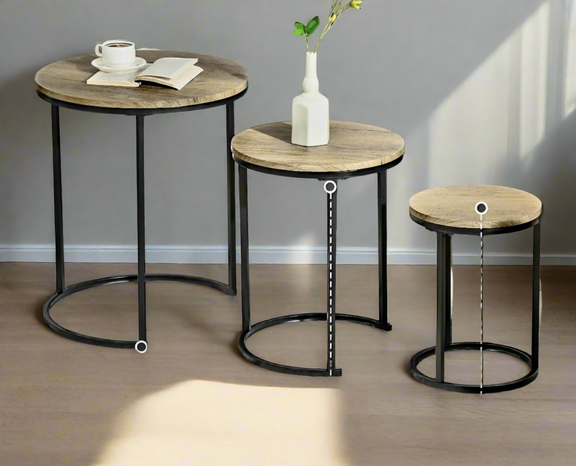 ASW Nesting Side / End Tables Set of 3, Round Shaped, Snack Side Table with Steel Frame for Sofa Couch and Bed, Rustic Light Brown Round Coffee Table, Stacking Side Tables