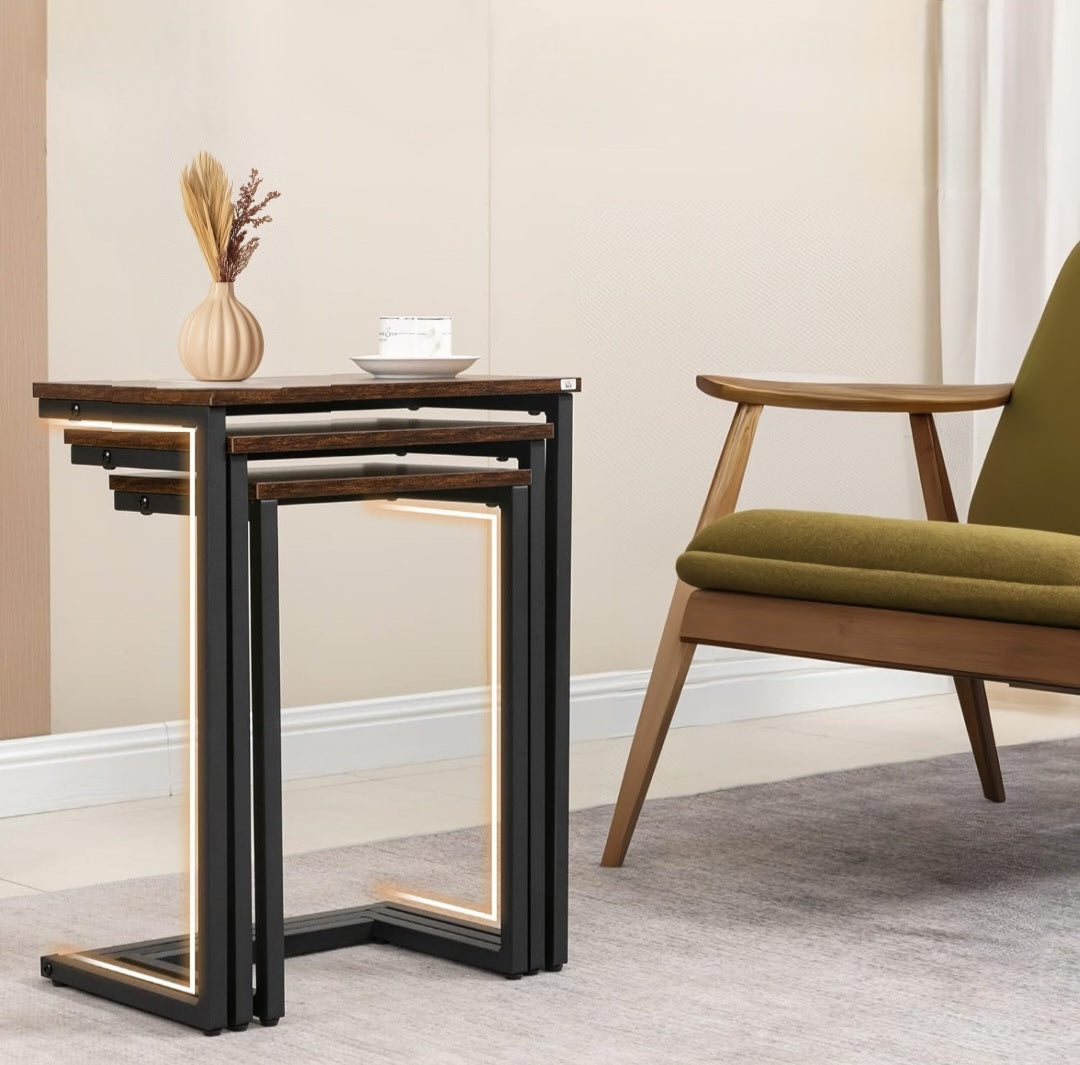 ASW Nesting Side / End Tables Set of 3, C-Shaped Straight Profile, Snack Side Table with Steel Frame for Sofa Couch and Bed, Rustic Brown