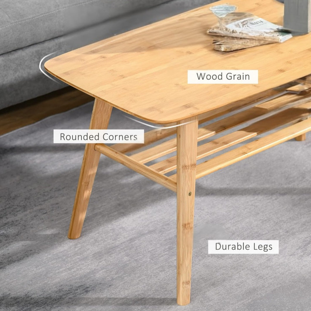 ASW Bamboo Coffee Table with storage shelf, Rectangular Center Table, Living Room, Home Office, Furniture, Natural Honey