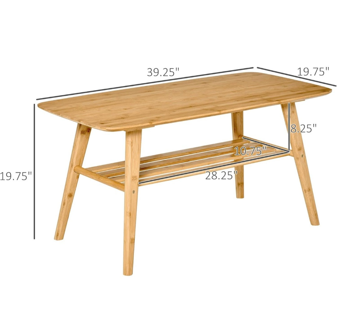ASW Bamboo Coffee Table with storage shelf, Rectangular Center Table, Living Room, Home Office, Furniture, Natural Honey
