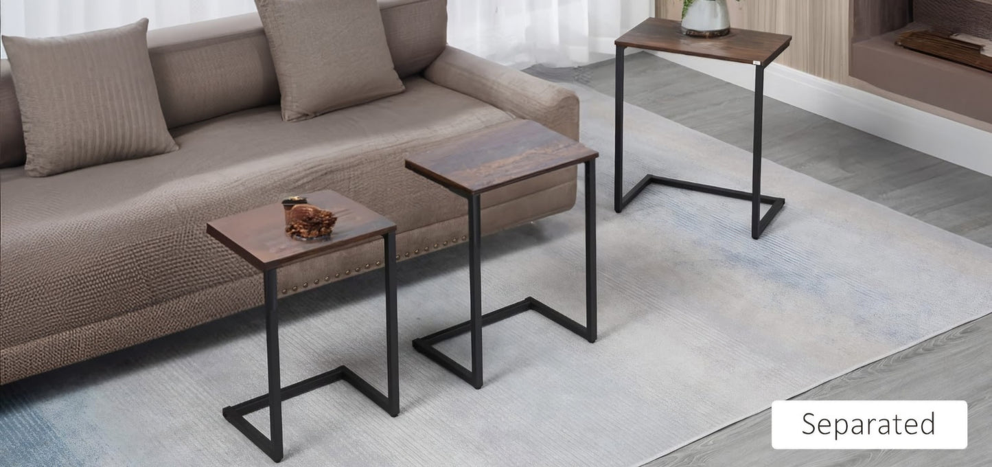 ASW Nesting Side / End Tables Set of 3, C-Shaped Straight Profile, Snack Side Table with Steel Frame for Sofa Couch and Bed, Rustic Brown
