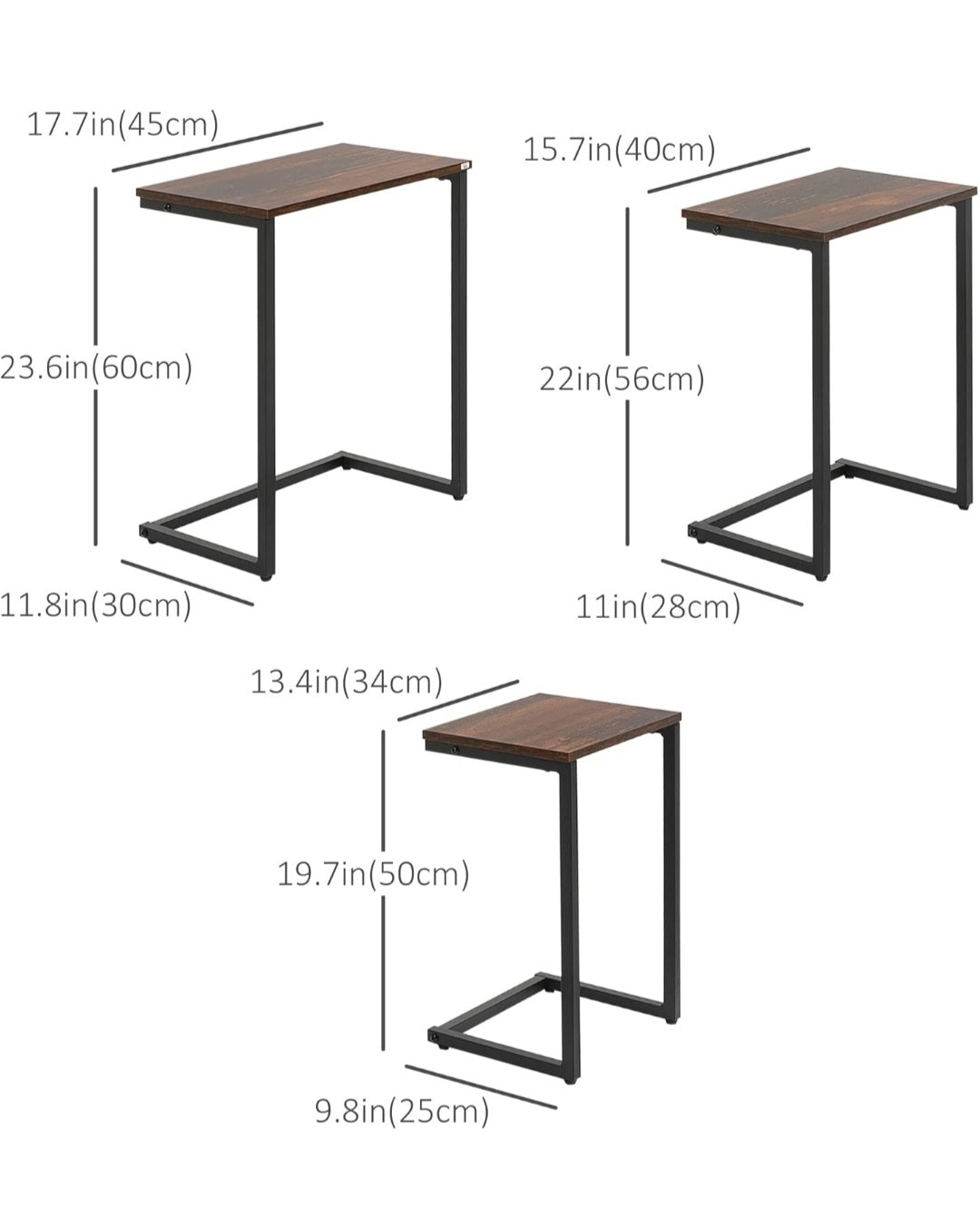 ASW Nesting Side / End Tables Set of 3, C-Shaped Straight Profile, Snack Side Table with Steel Frame for Sofa Couch and Bed, Rustic Brown