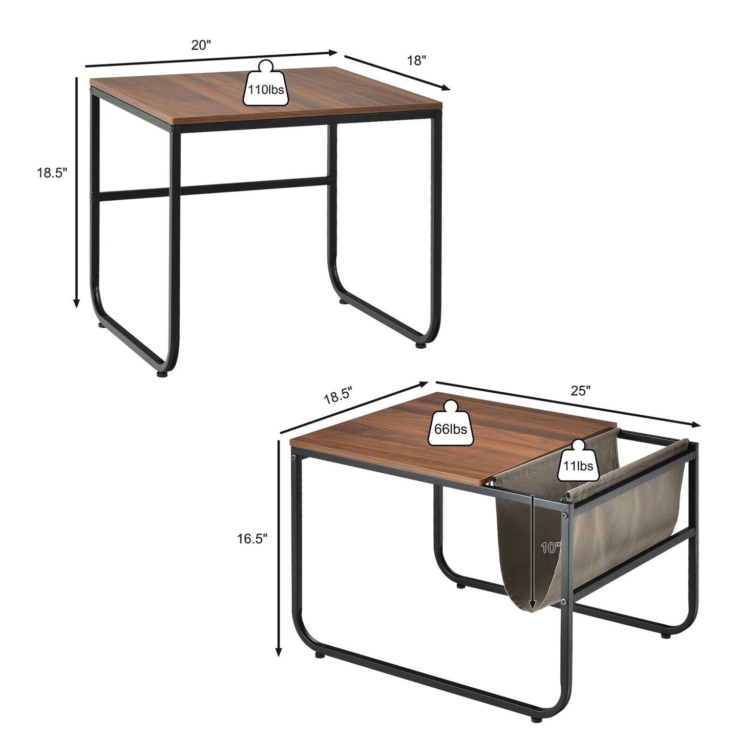 ASW Nesting Side / End Coffee Table Set of 2 Industrial Stackable Side Table Nesting End Tables, Rectangular Shaped Snack Side Table, Rustic Dark Honey Brown Natural Wood