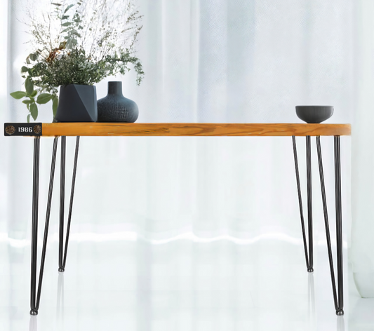 Birch Wood Coffee Table with Hairpin Legs, Rectangular Center Table, Natural Dark Honey with Black Nods