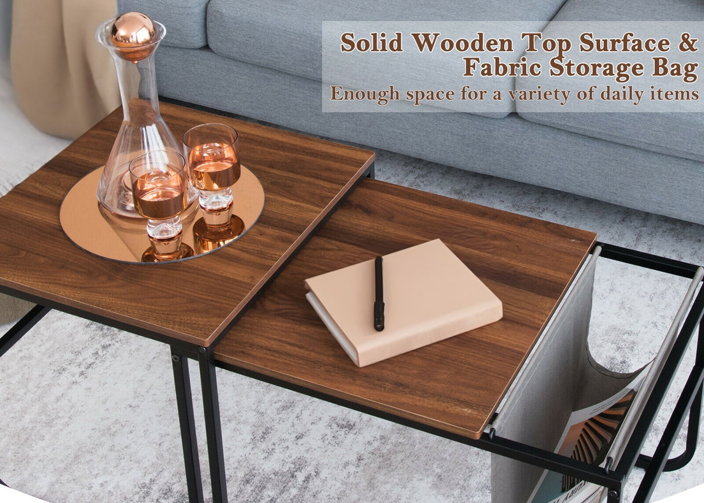 ASW Nesting Side / End Coffee Table Set of 2 Industrial Stackable Side Table Nesting End Tables, Rectangular Shaped Snack Side Table, Rustic Dark Honey Brown Natural Wood