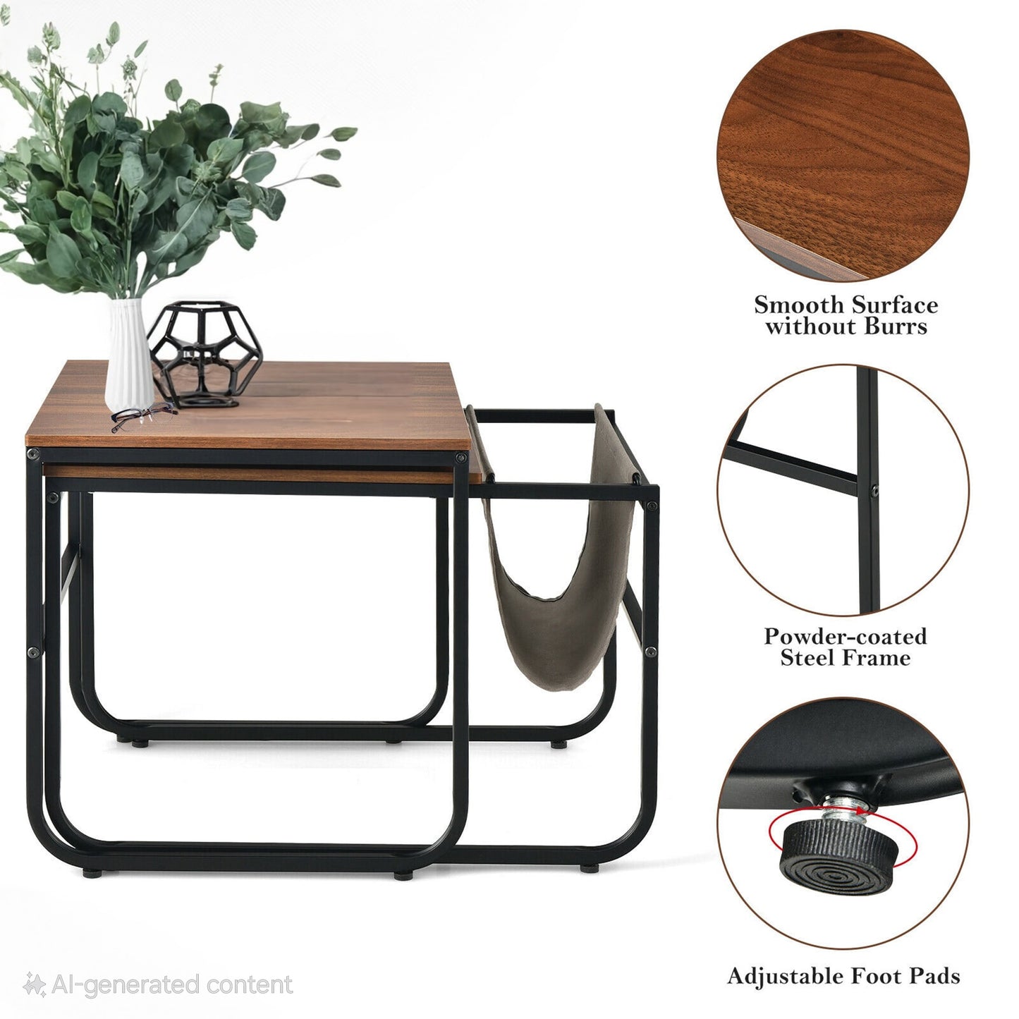 ASW Nesting Side / End Coffee Table Set of 2 Industrial Stackable Side Table Nesting End Tables, Rectangular Shaped Snack Side Table, Rustic Dark Honey Brown Natural Wood