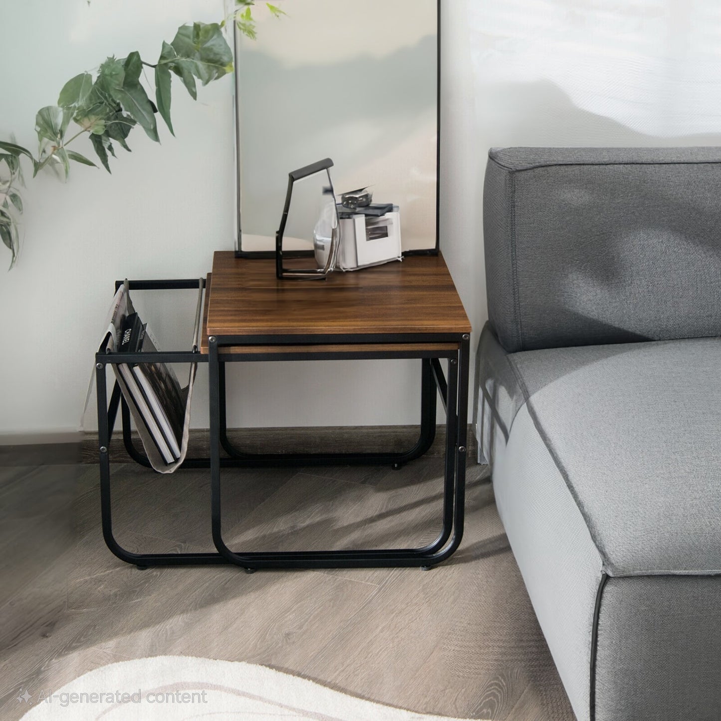 ASW Nesting Side / End Coffee Table Set of 2 Industrial Stackable Side Table Nesting End Tables, Rectangular Shaped Snack Side Table, Rustic Dark Honey Brown Natural Wood