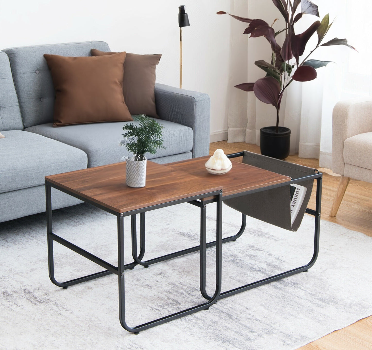 ASW Nesting Side / End Coffee Table Set of 2 Industrial Stackable Side Table Nesting End Tables, Rectangular Shaped Snack Side Table, Rustic Dark Honey Brown Natural Wood