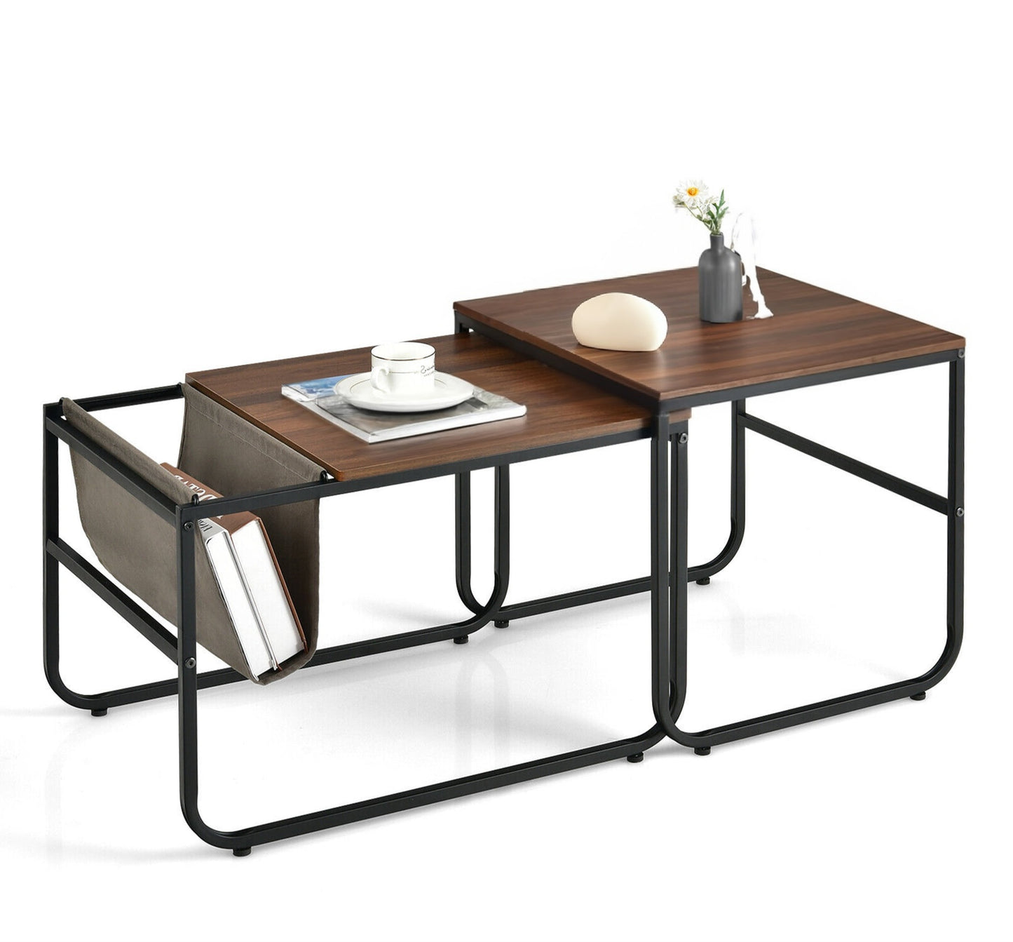 ASW Nesting Side / End Coffee Table Set of 2 Industrial Stackable Side Table Nesting End Tables, Rectangular Shaped Snack Side Table, Rustic Dark Honey Brown Natural Wood