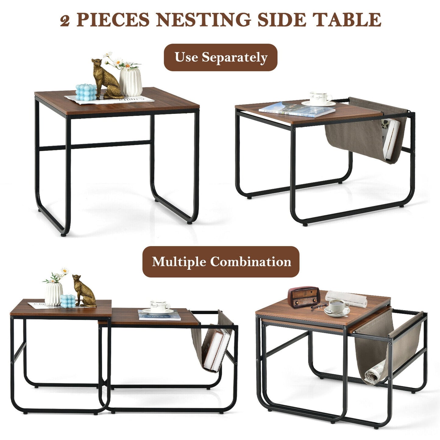 ASW Nesting Side / End Coffee Table Set of 2 Industrial Stackable Side Table Nesting End Tables, Rectangular Shaped Snack Side Table, Rustic Dark Honey Brown Natural Wood