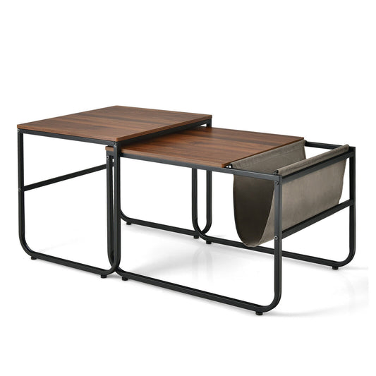ASW Nesting Side / End Coffee Table Set of 2 Industrial Stackable Side Table Nesting End Tables, Rectangular Shaped Snack Side Table, Rustic Dark Honey Brown Natural Wood