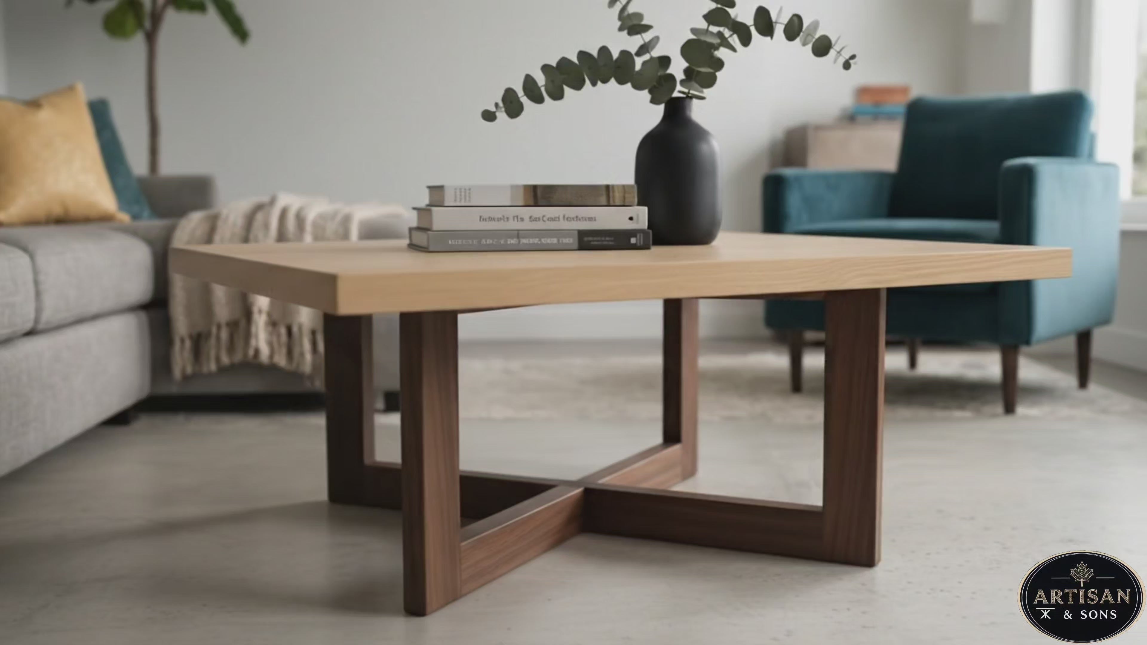 Load video: A montage showing the a solid wood, handcrafted, coffee table from Artisan &amp; Sons, featuring a natural colored maple tabletop, rectanglar and thick, with a dark walnut cross base, with an elegant vibe.
