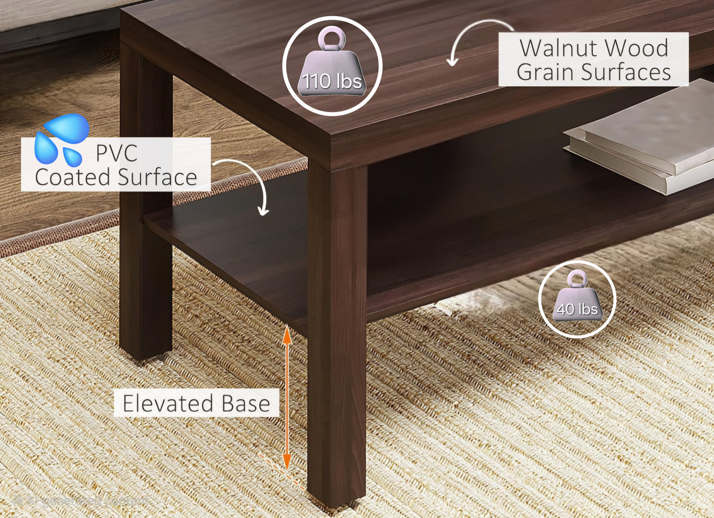 ASW Coffee Table with storage shelf, Rectangular Center Table, Living Room, Home Office, Furniture