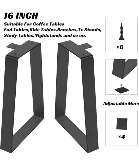 16" Trapezoid Metal Table Legs Heavy Duty Black Steel Set of 2