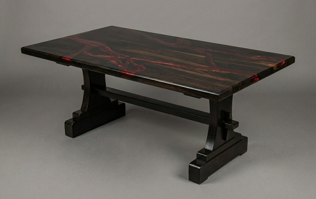 The Heritage solid wood trestle coffee table base mission style, additional lifestyle view – Artisan & Sons